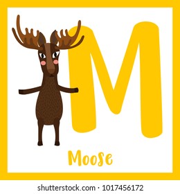 Cute children ABC animal zoo alphabet M letter flashcard of Moose standing on two legs for kids learning English vocabulary. Vector illustration.