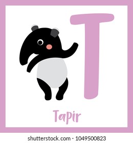 Cute children ABC animal zoo alphabet T letter flashcard of Tapir standing on two legs for kids learning English vocabulary. Vector illustration.