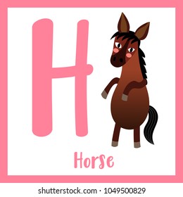 Cute children ABC animal zoo alphabet H letter flashcard of Horse standing on two legs for kids learning English vocabulary. Vector illustration.
