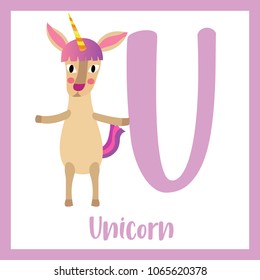 Cute children ABC animal zoo alphabet U letter flashcard of Unicorn standing on two legs for kids learning English vocabulary. Vector illustration.