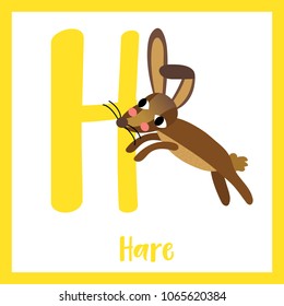 Cute children ABC animal zoo alphabet H letter flashcard of Jumping Hare for kids learning English vocabulary. Vector illustration.