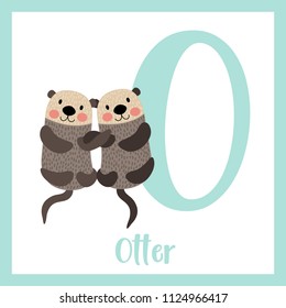 Cute children ABC animal zoo alphabet O letter flashcard of Otter couple holding hands for kids learning English vocabulary. Vector illustration.