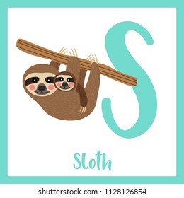 Cute children ABC animal zoo alphabet S letter flashcard of Mother and child Sloth hanging on tree for kids learning English vocabulary. Vector illustration.