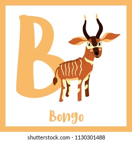 Cute children ABC animal zoo alphabet B letter flashcard of Standing Bongo for kids learning English vocabulary. Vector illustration.