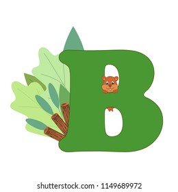 Cute children ABC animal zoo alphabet B letter flashcard of Beaver for kids learning English vocabulary. Vector illustration.