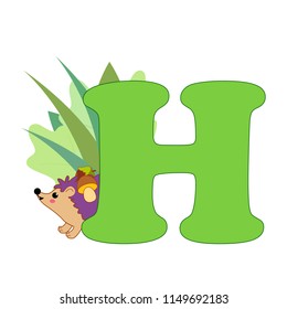 Cute children ABC animal zoo alphabet H letter flashcard of Hedgehog for kids learning English vocabulary. Vector illustration.