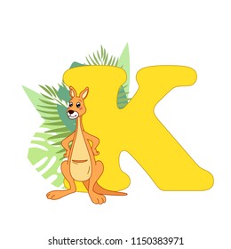 Cute children ABC animal zoo alphabet K letter flashcard of Kangaroo for kids learning English vocabulary. Vector illustration.