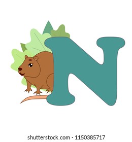 Cute children ABC animal zoo alphabet N letter flashcard of Nutria for kids learning English vocabulary. Vector illustration.