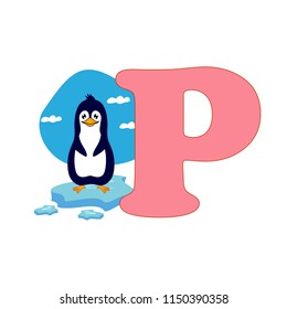 Cute children ABC animal zoo alphabet P letter flashcard of Penguin for kids learning English vocabulary. Vector illustration.