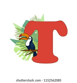 Cute children ABC animal zoo alphabet T letter flashcard of Toucan for kids learning English vocabulary. Vector illustration.