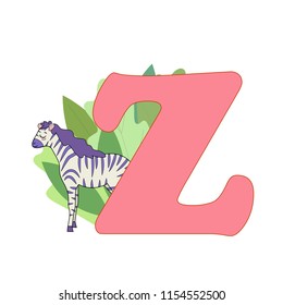 Cute children ABC animal zoo alphabet Z letter flashcard of Zebra for kids learning English vocabulary. Vector illustration.