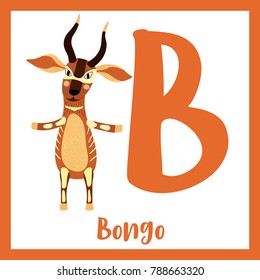Cute children ABC animal zoo alphabet B letter flashcard of Bongo standing on two legs for kids learning English vocabulary. Vector illustration.