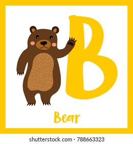Cute children ABC animal zoo alphabet B letter flashcard of Standing Bear raising hand for kids learning English vocabulary. Vector illustration.