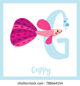 Cute children ABC animal zoo alphabet G letter flashcard of Pink Guppy fish for kids learning English vocabulary. Vector illustration.