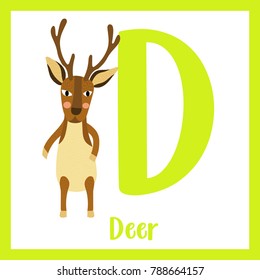 Cute children ABC animal zoo alphabet D letter flashcard of Deer standing on two legs for kids learning English vocabulary. Vector illustration.