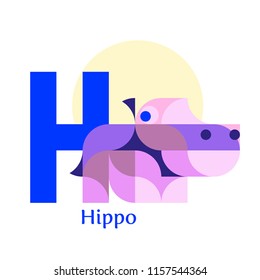 Cute children ABC. Letter H - Hippo. Animal zoo alphabet 