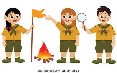 cute children adventure. happy cute kids summer camp holiday. Kids Scouts summer camp vector illustration. 