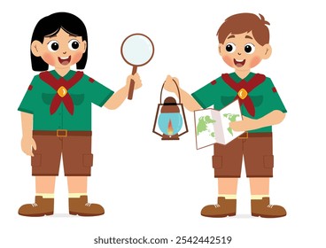 cute children adventure. happy cute kids summer camp holiday. Kids Scouts summer camp vector illustration. 