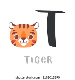 Cute children alphabet. Zoo ABC with animal faces. Cartoon tiger head with big T letter for kids learning English vocabulary