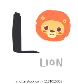 Cute children alphabet. Zoo ABC with animal faces. Cartoon lion head with big L letter for kids learning English vocabulary