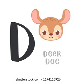 Cute children alphabet. Zoo ABC with animal face. Cartoon deer doe head with big D letter for kids learning English vocabulary