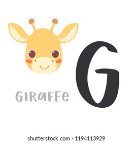 Cute children alphabet. Zoo ABC with animal face. Cartoon giraffe head with big G letter for kids learning English vocabulary