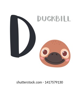 Cute children alphabet. Zoo ABC with animal face. Cartoon duckbill head with big D letter for kids learning English vocabulary