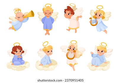 Cute Children Angels with Wings and Nimbus Vector Set