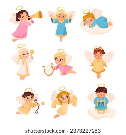 Cute Children Angels with Wings and Nimbus Vector Set