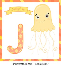 Cute children animal alphabet J letter flashcard of Jellyfish for kids learning English vocabulary