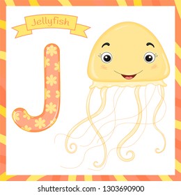 Cute children animal alphabet J letter flashcard of Jellyfish for kids learning English vocabulary