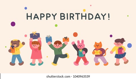 cute children and cute animal friends character hold present box. hand drawing style vector illustration flat design