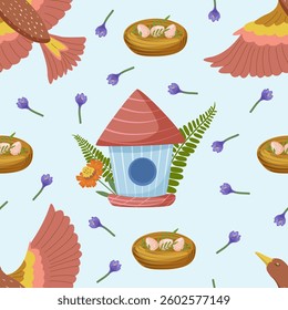 Cute children animal seamless pattern with bird, birdhouse, nest with chicks eggs and crocus flowers. Spring vector pattern.