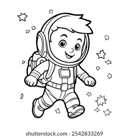 Filhos bonitos Astronauta Character line art. Página de coloração para crianças. Ilustração vetorial