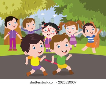 Cute Children athletes running competitive relay race watched by spectators 2d cartoon vector illustration