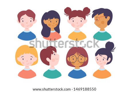 Cute children avatar character set. Childish print for stickers, cards, posters, banners and invitations.