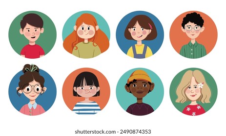 Cute children avatars, head portrait set. smiling kids. Diverse school child characters, excited joyful boys and girls of different race. Flat vector illustration isolated on white background.