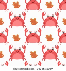 Cute children background with crab and corals . Under the sea seamless pattern, water animal character, ocean fauna. Flat vector design.