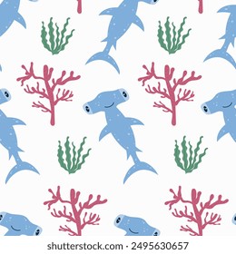 Cute children background with hammer fish, seaweed and corals . Under the sea seamless pattern, water animal character, ocean fauna. Flat vector design.