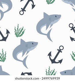 Cute children background with shark, seaweed, anchor . Under the sea seamless pattern, water animal character, ocean fauna. Flat vector design.