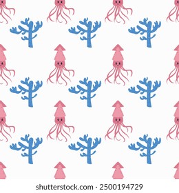 Cute children background with squid and corals . Under the sea seamless pattern, water animal character, ocean fauna. Flat vector design.