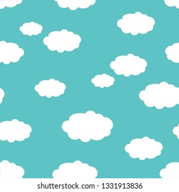 Cute children backround. Cartoon background with clouds. White fluffy clouds. Blue vector sky with clouds. Seamless backround with clouds. 