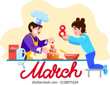 Cute children baked a cake for their beloved mother on  baked A boy soiled in flour puts a cherry on the cake  girl gives him the number 8  Vector  Suitable For Social Media   Print   Web Banners   
