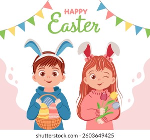 Cute children with basket of Easter eggs, bouquet of flowers. Easter card vector template.