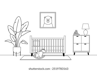 Quarto de crianças bonito com berço e brinquedos. Ilustração vetorial em preto e branco.