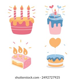 Cute Children Birthday Cake Cupcake with Burning Candle Decoration Vector Illustration Set