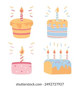 Cute Children Birthday Cake Cupcake with Burning Candle Decoration Vector Illustration Set