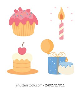 Cute Children Birthday Stuff with Cupcake Candle Gift Box Vector Illustration Set