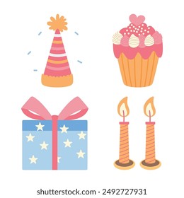 Cute Children Birthday Stuff with Cupcake Candle Gift Box Vector Illustration Set