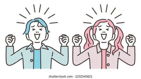 Cute children (boy and girl) smiling and raising their fists in the air with joy [Vector illustration].